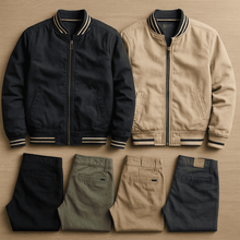 Carregar imagem no visualizador da galeria, Kit 4 Calças Masculina em Sarja + 2 Jaquetas Premium Reversível Bege/Preta. Brinde Carteira + Relógio Exclusivo até Dia dos Pais